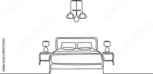 Continuous one line drawing of double bed and table and loft chandelier lamps.one line  vector illustration  with out background