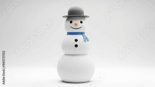 Clean three-tiered snowman with a grey bowler hat and blue scarf featuring a simple carrot nose and charcoal eyes isolated on a bright white studio background