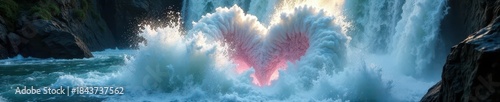 Close-up view of a waterfall's heart, water explodes into a frothy chaos , chaos, royalty free, foam