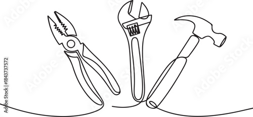 Continuous one line drawing of pliers, wrench, hammer - engineering equipment.one line  vector illustration  with out background