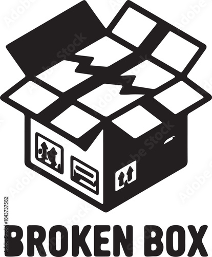 Stylized Black Silhouette of a Broken Open Cardboard Box with Text shipping
