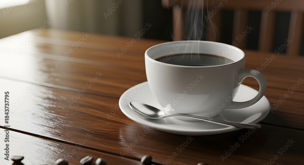 Obraz premium Steaming coffee cup on wooden table ready to enjoy
