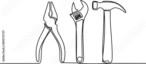 Continuous one line drawing of pliers, wrench, hammer - engineering equipment.one line  vector illustration  with out background