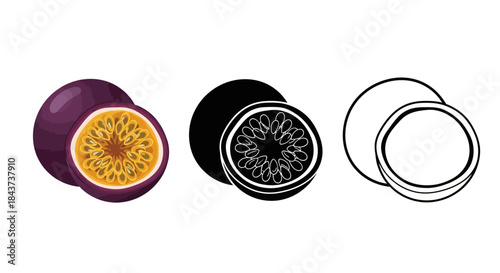 Minimalist illustration of three sets of passion fruit silhouettes, Symbolizing exotic freshness, flat vector design illustration.
