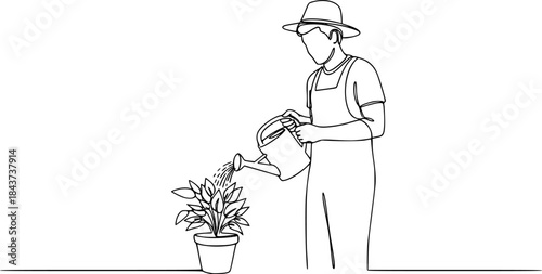 Gardener watering potted plant, a continuous line art drawing
