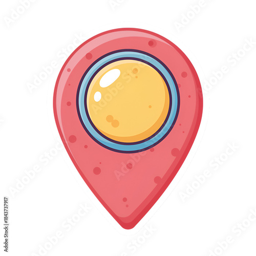 A colorful map marker icon with a circular design and red outline