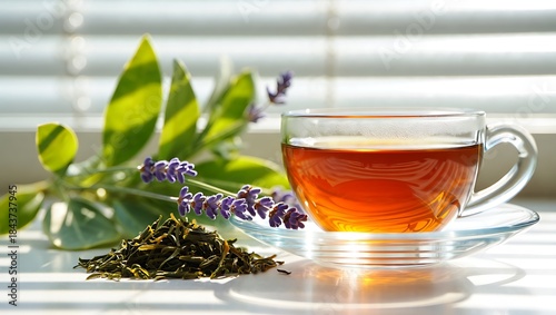 Cup of fresh herbal tea with loose leaves and lavender sprigs