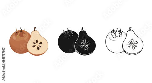 Minimalist illustration of three sets of sapodilla silhouettes, Symbolizing smooth tropical sweetness, flat vector design illustration.