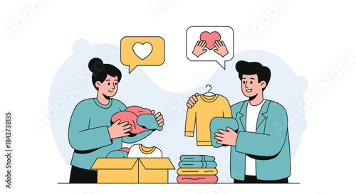 Two people sort and donate clothes for charity while sharing a warm moment of care and generosity as they prepare items for those in need.