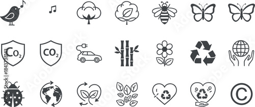 Eco sustainability line icon set with nature, recycling, CO2 reduction, renewable energy, biodiversity, environmental protection, and green living symbols