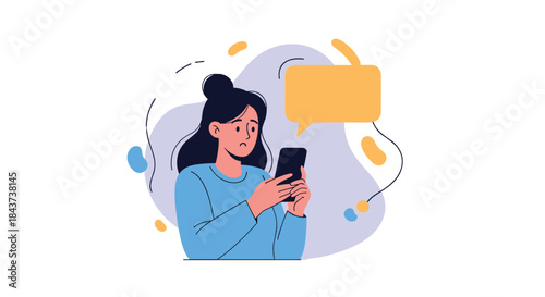 Woman in a blue sweater engages with her smartphone while surrounded by abstract shapes and a chat bubble illustration in a bright modern scene.