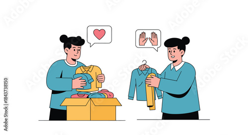 Two people sort and exchange donated clothes from a box to support charity and community through a friendly clothing swap and mutual help.