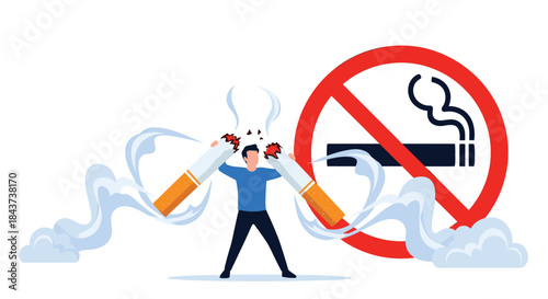 An illustrated scene shows a person triumphing over cigarette addiction by breaking giant cigarettes while a bold no smoking sign looms nearby.