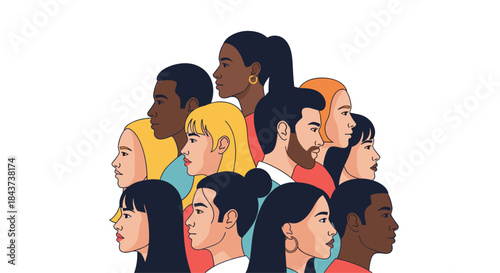Diverse group of people stand together in a layered portrait showing unity and individuality among diverse communities and cultures.