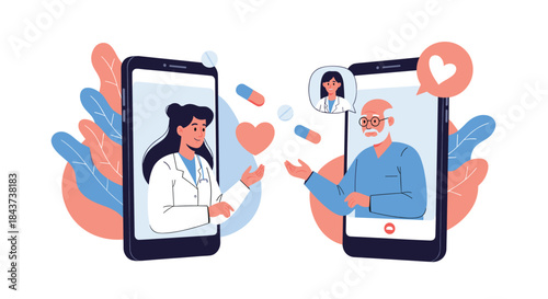 Telemedicine consultation between doctor and patient shown through smartphones with medical icons and pills illustrating remote care and virtual health.