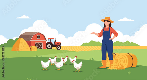 Farm scene showing a farmer in overalls and a straw hat standing on a green field beside a red barn with a tractor and stacked hay as chickens peck nearby.