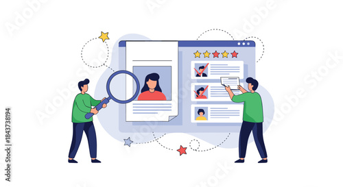 Two people examine online profiles with a magnifying glass and star ratings on a large computer screen to evaluate candidates.