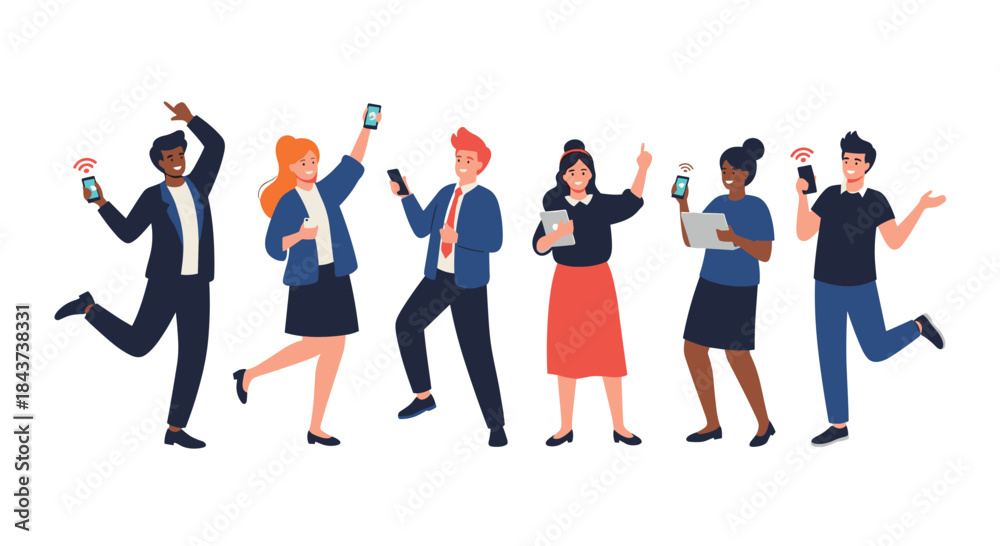 Obraz premium Diverse group of coworkers celebrating together using smartphones and tablets in a bright modern office setting full of energy and teamwork.