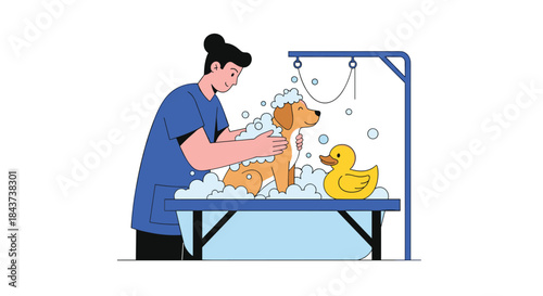 Person giving a cheerful dog a thorough bath at a grooming station with bubbles and a yellow rubber duck nearby in a blue tub for a clean and happy wash.