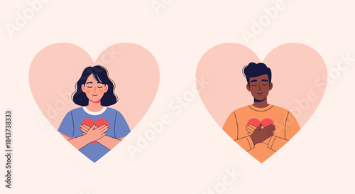 Two people stand inside soft pink hearts with arms crossed over their chests displaying warmth and care for each other with tenderness.