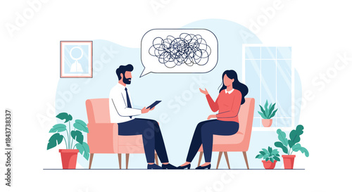 Couple of adults sit in a bright office during a confidential counseling session with a scribbled thought bubble between them as they discuss worries.