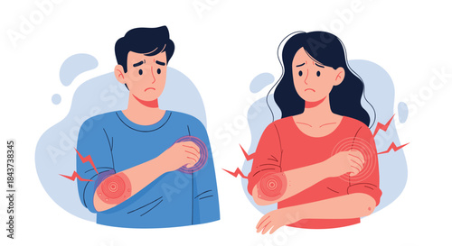 Two people feel arm and elbow pain and concern as they hold their arms and express discomfort from joint ache and strain in a shared moment.