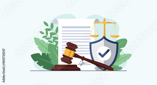 Illustration depicts legal symbols including a gavel a shield with a check mark scales of justice and a formal document representing law and rights protection.