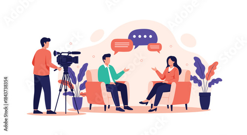 Television talk show scene with a camera operator filming a lively interview between two guests in orange chairs as the host gestures and guests respond.