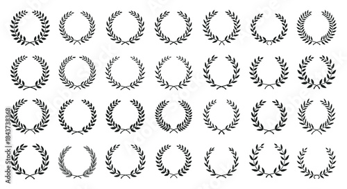 Collection of decorative laurel wreaths in multiple styles used for awards and emblems showcasing classic circular motifs and ornamental leaf borders.
