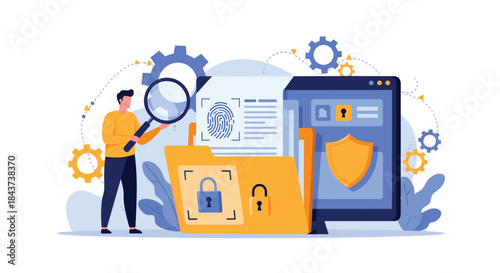 Security analyst examines digital protection and data security through visuals of locks shields gears and a secure screen illustrating cybersecurity.