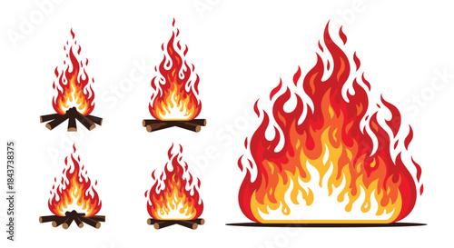 campfire icon set showing five small fires and one large bonfire with glowing flames and stacked wood logs to convey a warm outdoor campfire scene illustration.
