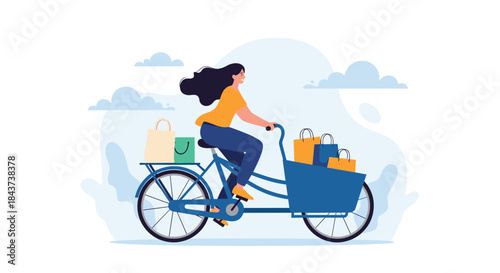 Woman riding a blue town bicycle with a large front basket filled with colorful shopping bags on a sunny day with clouds in the sky.