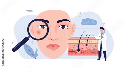 Dermatologist examines facial skin with a magnifying glass while presenting a cross sectional view of a hair follicle and skin layers.