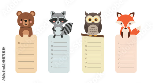 Four adorable forest animals perch on pastel checklist cards with multiple lines inviting notes and tasks from a bear raccoon owl and fox in a cheerful scene.