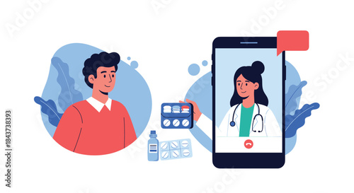 Man engages in a video consultation with a doctor on a smartphone while pills medicine bottles and blister packs are displayed nearby for treatment.