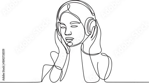 line art drawing of Woman listening to music on headphones.one line  vector illustration  with out background