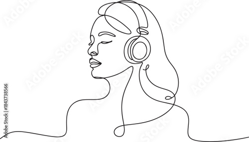 line art drawing of Woman listening to music on headphones.one line  vector illustration  with out background