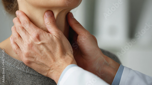 Doctor palpating a female patient's neck during a thyroid examination, illustrating medical care, diagnosis and health checkup in a clinical setting.