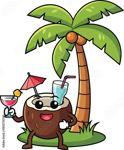 cartoon coconut character holding tropical drinks under a palm tree.