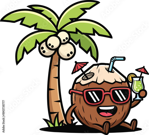 Cartoon coconut mascot wearing sunglasses with tropical drink.