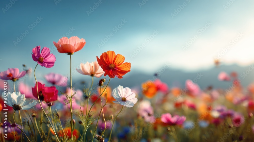 Obraz premium A beautiful field with colorful flowers in full bloom, under a clear blue sky, with gentle sunlight illuminating the scene, creating a serene and picturesque landscape.