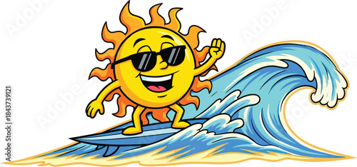 Cartoon sun surfing on a wave with sunglasses.