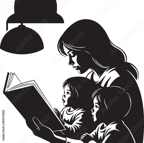 Mother Reading a Book to Children – Bedtime Story Silhouette
Loving Mother and Kids Reading Together at Home
Family Reading Time with Mother and Children Illustration