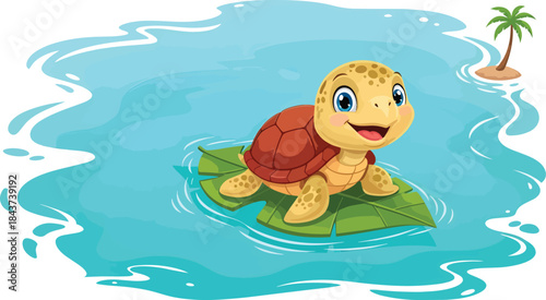 Cartoon Turtle On Leaf Raft In Water.