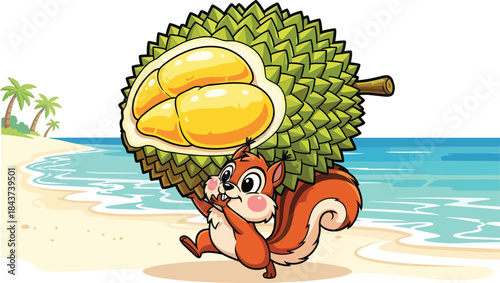 Cute Cartoon Squirrel Carrying Spiky Durian Bundle.