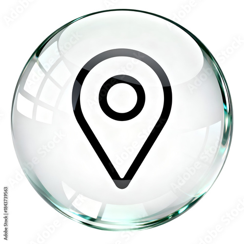 A glossy sphere displays a black location pin icon within its center
