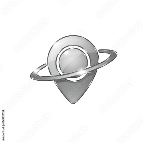 Silver location pin icon with a circular orbit against black background