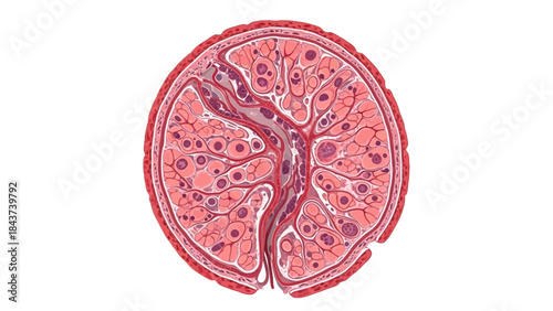 Microscopic view of seminiferous tubules within a cross-sectioned testis, illustrating germ cells and Sertoli cells in detail