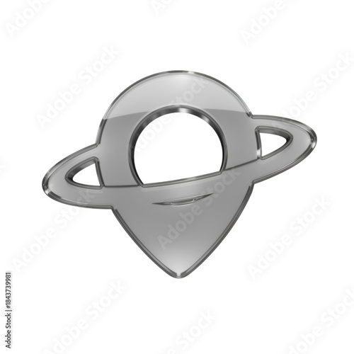 A shiny metallic rendering of saturn against a stark black background