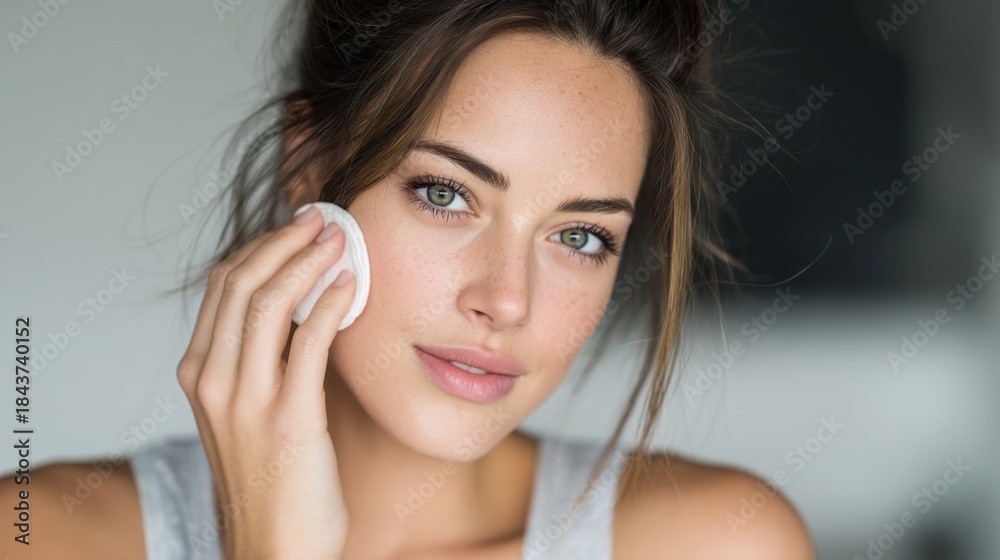 Obraz premium Young Woman Applying Skin Care Routine with Cotton Pad in Bright Room, Natural Beauty and Fresh Skin Focus